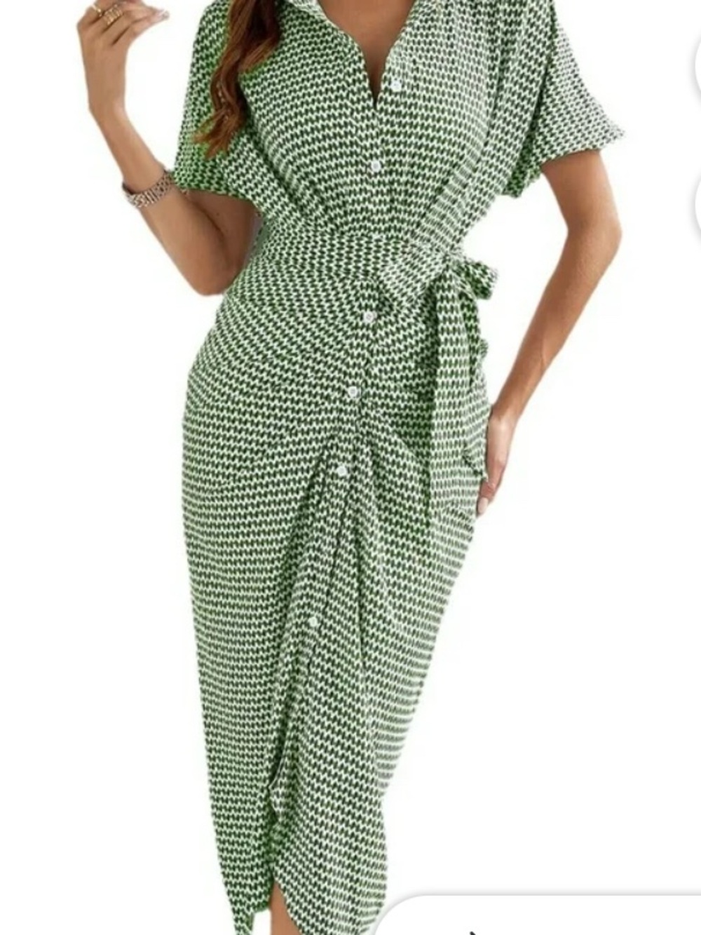 Green Printed Midi Shirt Dress with Waist Tie